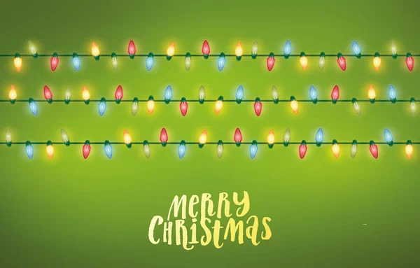 フェアリー ライト クリスマス イラスト 緑のお祭りの背景にイルミネーションが綺麗 グリーティング カードまたはバナーのテンプレート — ストックベクタ
