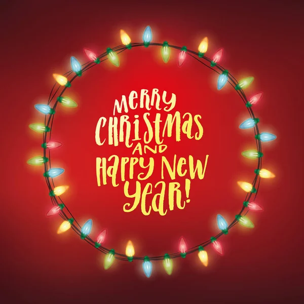 Cirkel Gemaakt Van Glanzend Lichten Van Kerstmis Met Hand Belettering — Stockvector