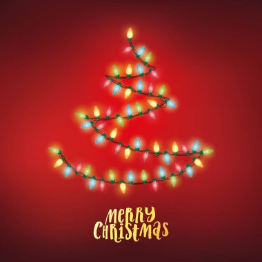 Vektör peri ışıkları Noel ağacı şekle şeklinde. Neşeli Noel tebrik kartı şablonu. Ayrıca, afiş veya broşür için mükemmel. 