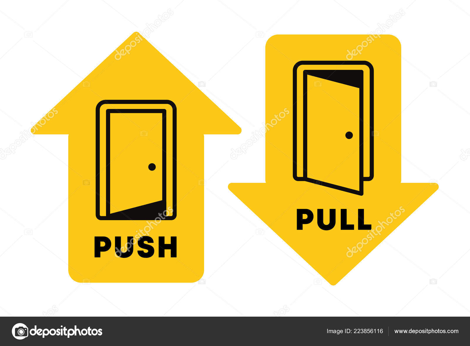 黄色の矢印のベクトルのアイコンを引っ張る 指示を開くドアの扉イラスト デザインの概要を説明します プッシュおよびプルに署名 ベクター グラフィック要素  ドアのステッカーのためのテンプレート ストックベクター ©vitek75 223856116, image size:1600x1178
