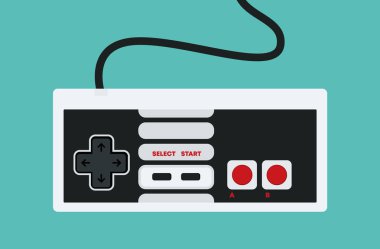 Retro oyun konsolu için Vintage video oyunu oyun çubuğu denetleyicisi. Eski videogames kavramsal illüstrasyon iskambil. Resimli nesne, simge veya retro oyun oynamak için simge vektör. Oyun endüstrisi.