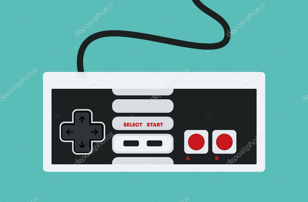 Vintage video game joystick controller for retro game console. Playing old videogames conceptual illustration. Vector illustrated object, icon or symbol for playing retro games. Gaming industry.