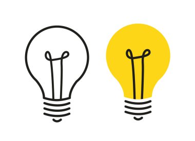 İki ampul simgeler vektör. Siyah ve parlak sarı anahat. Nesne, simge veya beyaz bir arka plan üzerinde izole simgesi. Ampul ışık veya zeki fikir için.