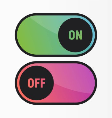 Parlak neon degrade renk açma ve kapatma açma/kapatma düğmesi düğmesi. Düz için simge ve kapama. Vektör grafik tasarım öğesi. 
