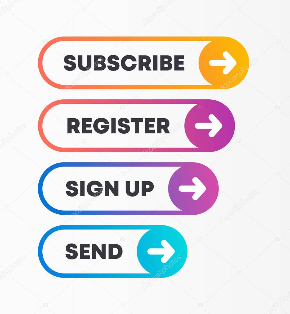 Set of call to action vector buttons. Conversion buttons for website or application in bright rainbow colors. Rounded circular shape with a white arrow. 