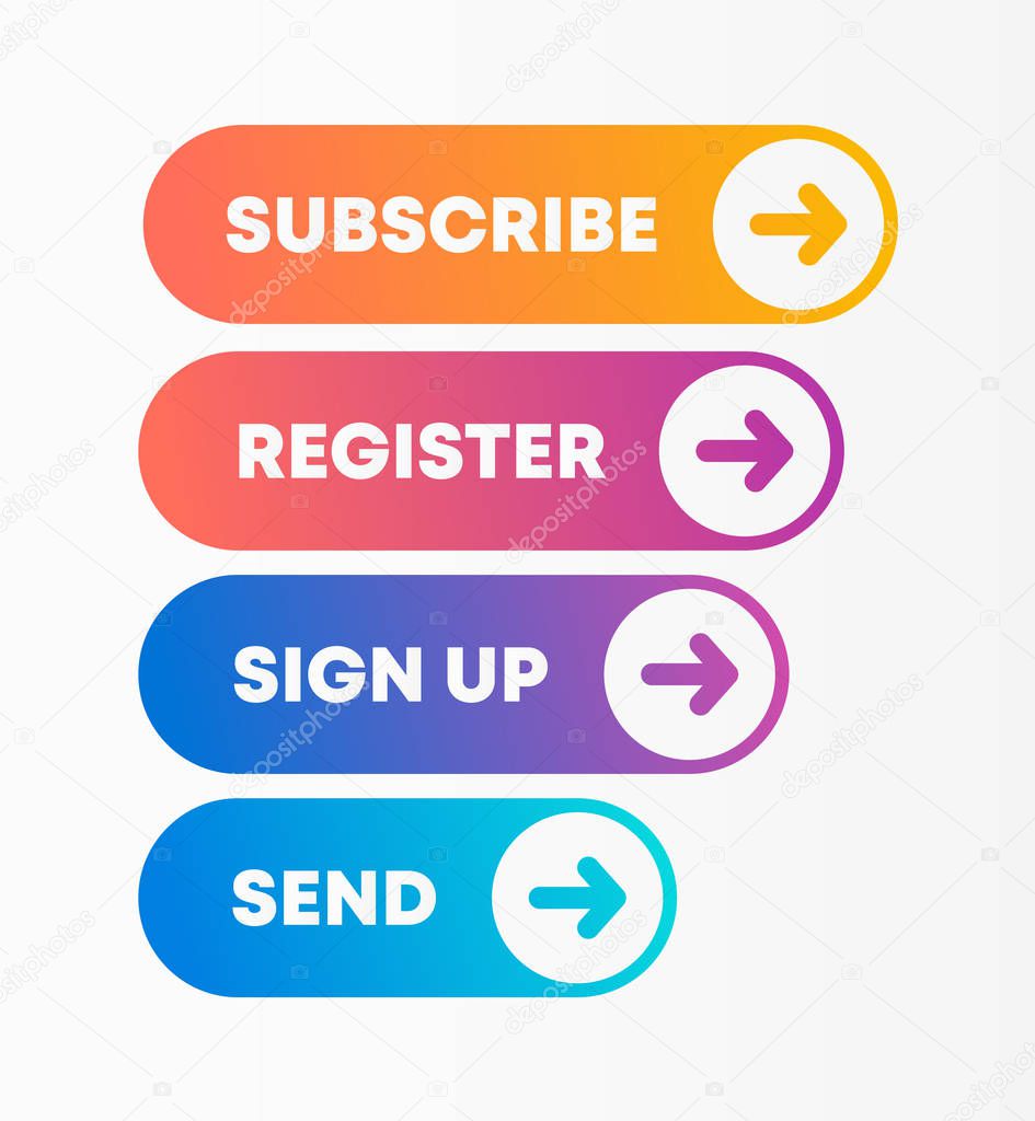 Set of call to action vector buttons. Conversion buttons for website or application in bright rainbow colors. Rounded circular shape with a white arrow. 