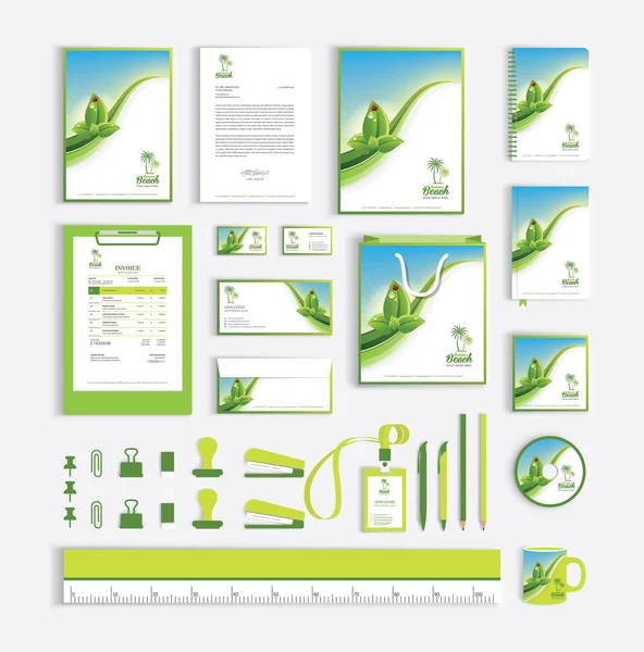 Modelo Design Identidade Corporativa Com Folhas Verdes Ondas — Vetor de Stock