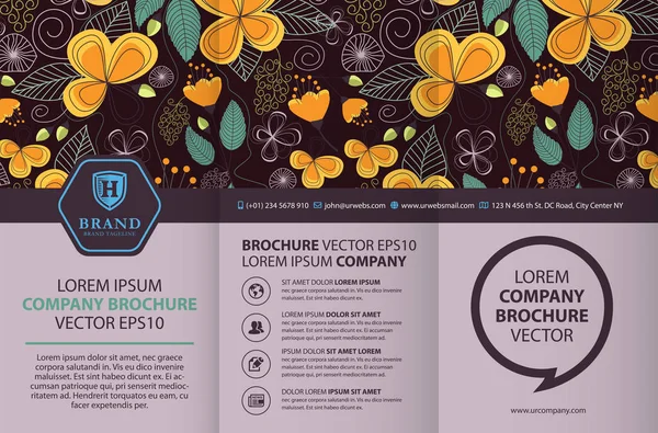 Driebladige Brochure Ontwerpsjabloon Met Florale Achtergrond — Stockvector