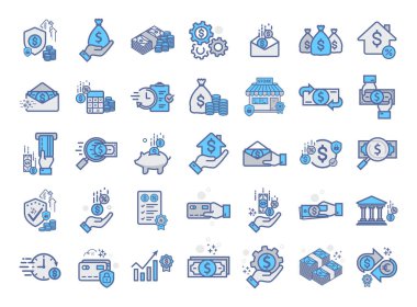 Web uygulamaları ve mobil uygulamalar için öğeleri ile iş, finans, bankacılık ve muhasebe için düz tasarım konsepti vektör hattı simgeleri kümesi / Modern infografik logo ve piktogram Koleksiyonu.