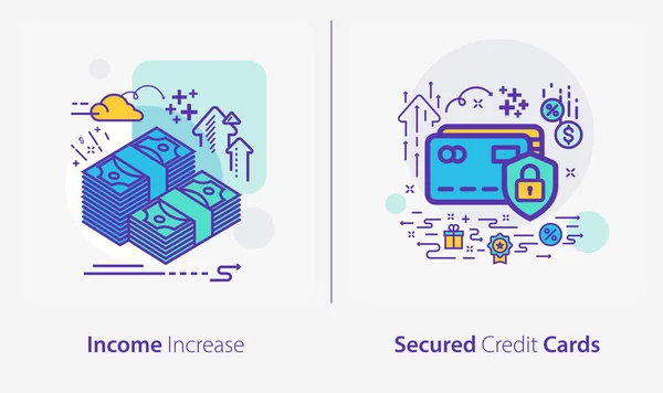 Vector Business Finance Concept Iconen Inkomensverhoging Beveiligde Kredietkaarten — Stockvector
