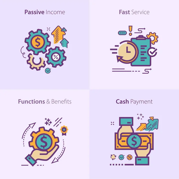 Kleurrijke Platte Ontwerp Pictogram Passief Inkomen Snelle Service Functies Voordelen — Stockvector