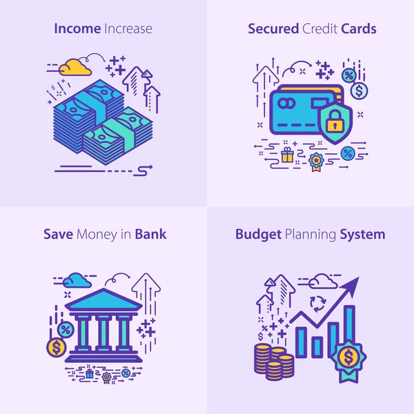 Vektör Finans Flat Icon Set Gelir Artışı Güvenli Kredi Kartları — Stok Vektör