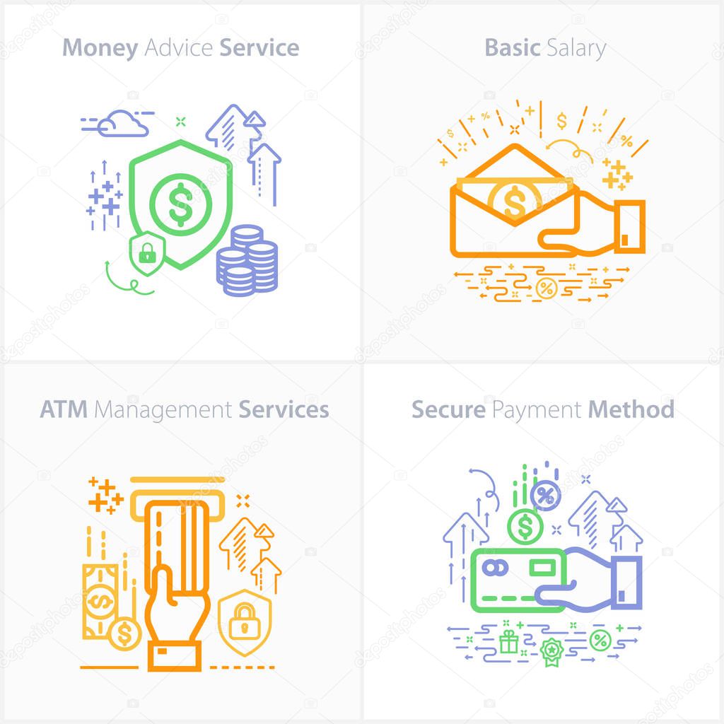 Banking and Finance Vector Flat Icon Set / Money advice service / Basic salary / ATM management services / Secure payment method.