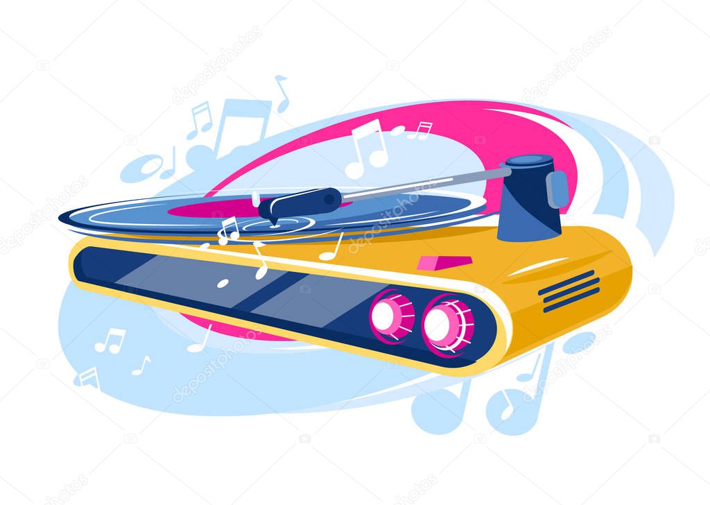 Vector illustration of a vinyl player playing music, musical notes