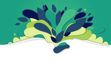 Yeşil bitki elemanları vektör görüntü, ön planda kitabın silüeti, kesim kağıt etkisi, renkli nesnelerin birkaç kat