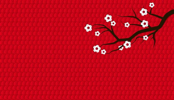 Vektor-Bild eines traditionellen chinesischen roten Hintergrund, mit einem Zweig aus Holz und weißen Blumen — Stockvektor
