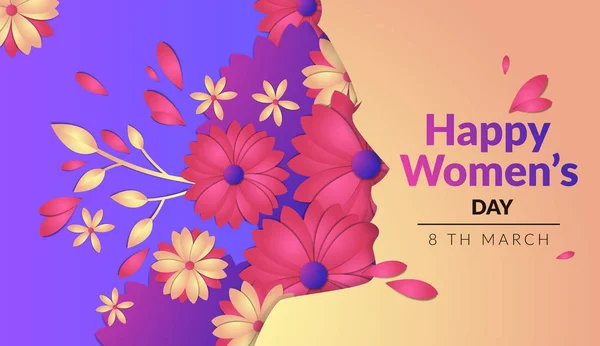 Vector afbeelding van een horizontale banner, bloemen met uitgesneden papier effect, verschillende lagen van objecten, het patroon voor de internationale Vrouwendag, het silhouet van het gezicht van het meisje aan de zijkant — Stockvector