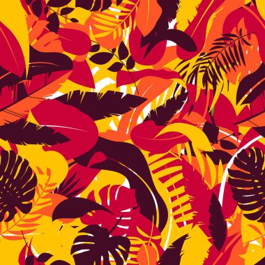 Tropikal yaprakları kesintisiz arka plan vektör görüntü, sıcak sonbahar renklerde yaprakları