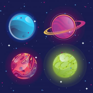 Yıldız uzay arka plana karşı kozmik gezegenler bir dizi vektör görüntü, çekim yıldızlar