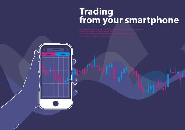 Operando desde un teléfono inteligente, una mano tiene una disponibilidad de teléfonos inteligentes en la bolsa de valores, vela de stock — Archivo Imágenes Vectoriales