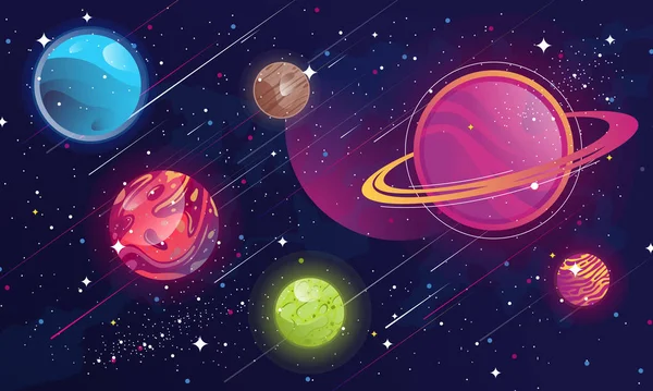 Vektorbild einer Reihe von Weltraumplaneten und -objekten auf dem Hintergrund des stellaren Raums, Sternschnuppen, der Milchstraße — Stockvektor