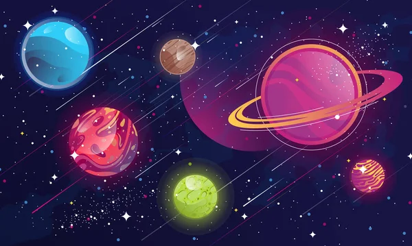 Imagem vetorial de um conjunto de planetas espaciais e objetos no fundo do espaço estelar, estrelas cadentes, o caminho leitoso —  Vetores de Stock