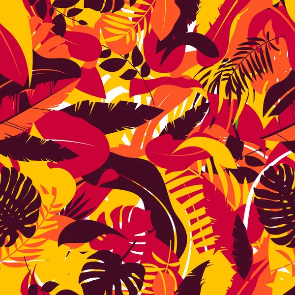 Tropikal yaprakları kesintisiz arka plan vektör görüntü, sıcak sonbahar renklerde yaprakları