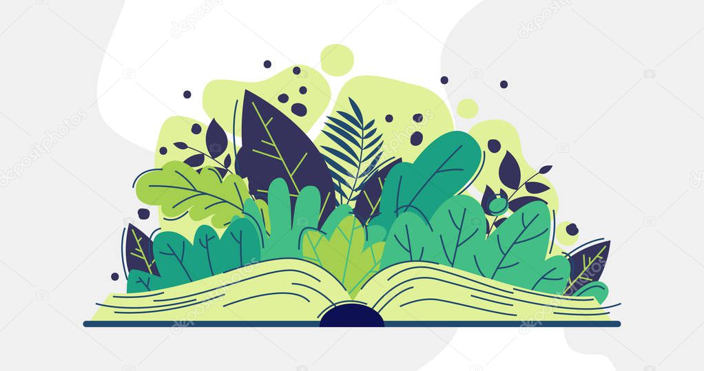 Vector image of an open book with plant elements growing out of pages