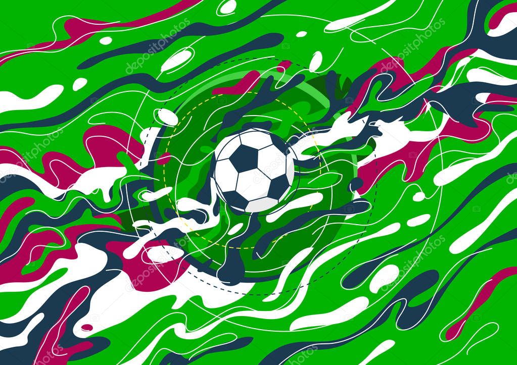 Vector background image with wavy elements from the center to the edges, in the middle of a soccer ball, Dynamic elements of green and dark colors