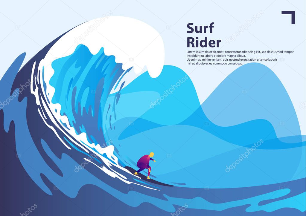 Vector image silhouette of a man, surfer on a Board, riding a big sea wave