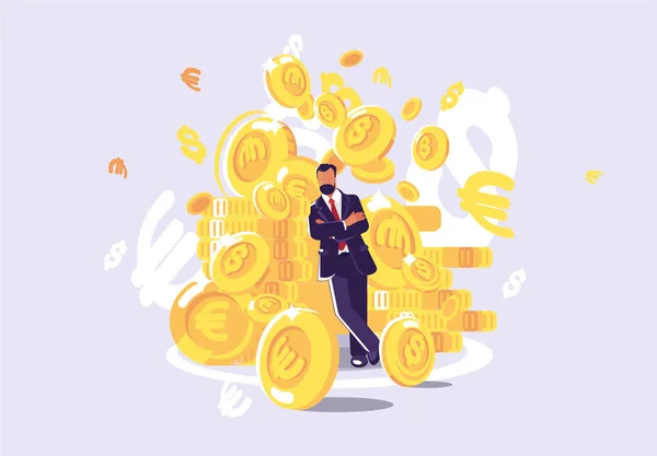 Ilustración Vectorial Hombre Rico Traje Contra Fondo Riqueza Monedas Oro — Archivo Imágenes Vectoriales