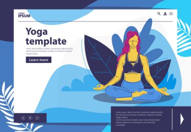  Bir kız Lotus pozisyonda oturan, yoga, Fitness yapıyor vektör Illustration. açılış sayfası tasarım şablonu