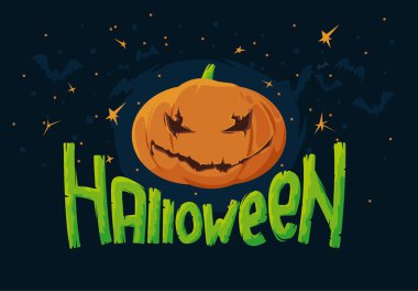 Kabak ve yeşil yazıt, arka planda ve yıldızlar üzerinde yarasalar ile yatay koyu Halloween afiş
