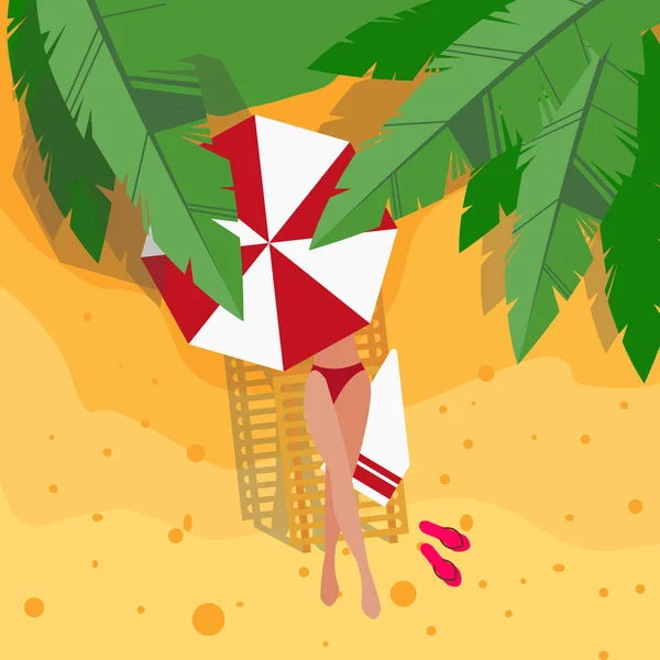 Imagen vectorial de una niña tumbada en la playa sobre una tumbona bajo un paraguas, protegiéndose del sol, con palmeras y vegetación en la arena — Vector de stock