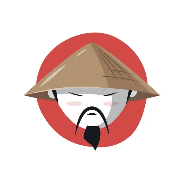 전통적인 원추형 모자에 콧수염과 수염을 아시아 얼굴의 이미지 — 스톡 벡터