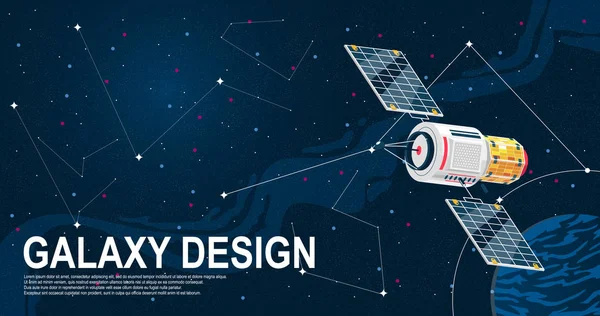 Návrh Vektorové Vodorovné Hlavičky Stylu Vesmíru Planetou Hvězdami Podrobným Satelitem — Stockový vektor