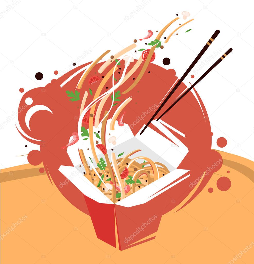 vector image of red box under Asian food, wok noodle eating sticks with vegetables, tomatoes, shrimp and mushrooms on red background