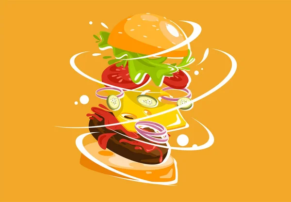 Iştah açıcı Burger Vektör illüstrasyon, Burger katmanları, cheeseburger toplama malzemeler