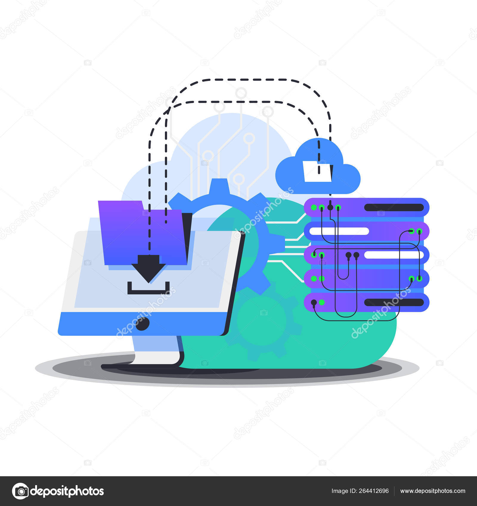 Vector image of the monitor receiving a file from the server, cloud ...