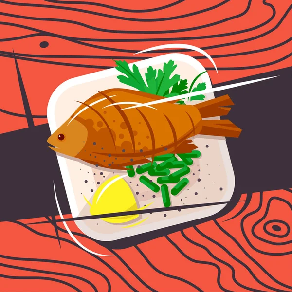 烤鱼的矢量图像在一盘绿色与欧芹叶和柠檬片在红色背景与木制纹理 — 图库矢量图片