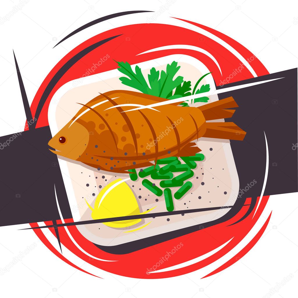 vector image of grilled fish on a plate of greens with parsley leaves and a slice of lemon on a red background