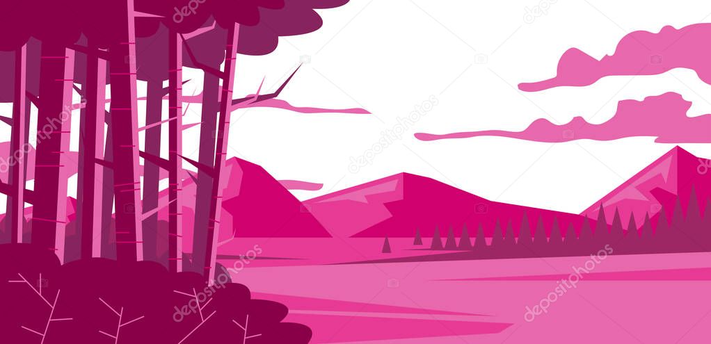 Vector image of nature with trees on the background of mountains and lakes in pink shades