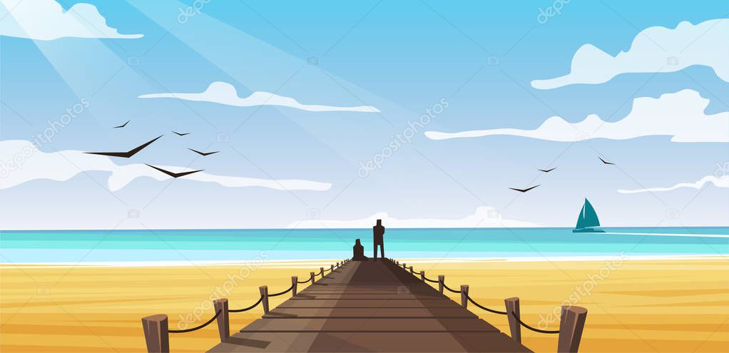 vector image of the beach on the azure sea with people standing on a wooden pier