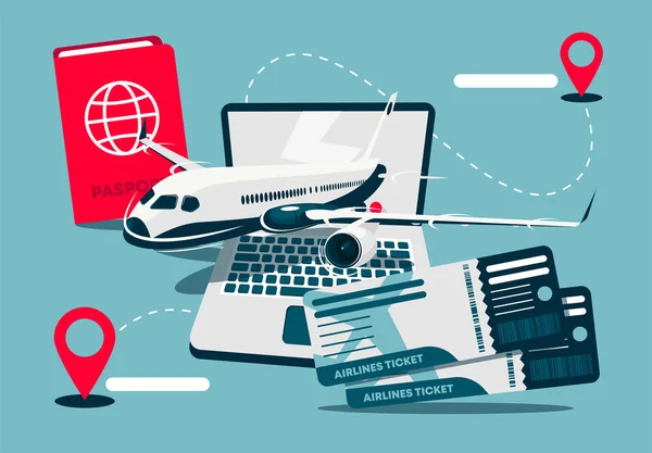 Vector Illustratie Van Vliegtuig Laptop Vliegtickets Internationaal Paspoort Vlucht Van — Stockvector