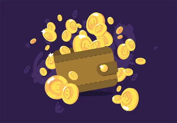 Vector Illustration Purse Filled Gold Coins Currency Coins Falling Wallet — Stock Vector