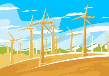 bir rüzgar çiftliği vektör illüstrasyon, bir manzara arka plan üzerinde enerji üretimi için yel değirmenleri çok sayıda