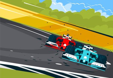 Hareket halindeki yarış pistinde formula 1 araba vektör illüstrasyon, ön görünüm