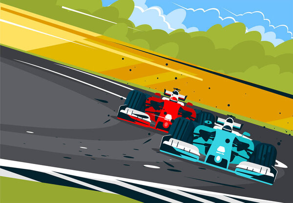 Vector illustration of formula one cars on the race track in motion, front view