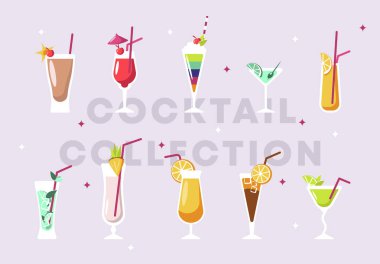 Farklı cam bardakkokteyller bir dizi Vektör illüstrasyon