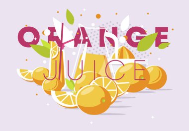 Portakal suyu, narenciye sıkacağı, meyve suyu ile dekanter, içme tüpleri ile cam, yeşil yaprakları ile portakal için elemanların bir dizi Vektör illüstrasyon